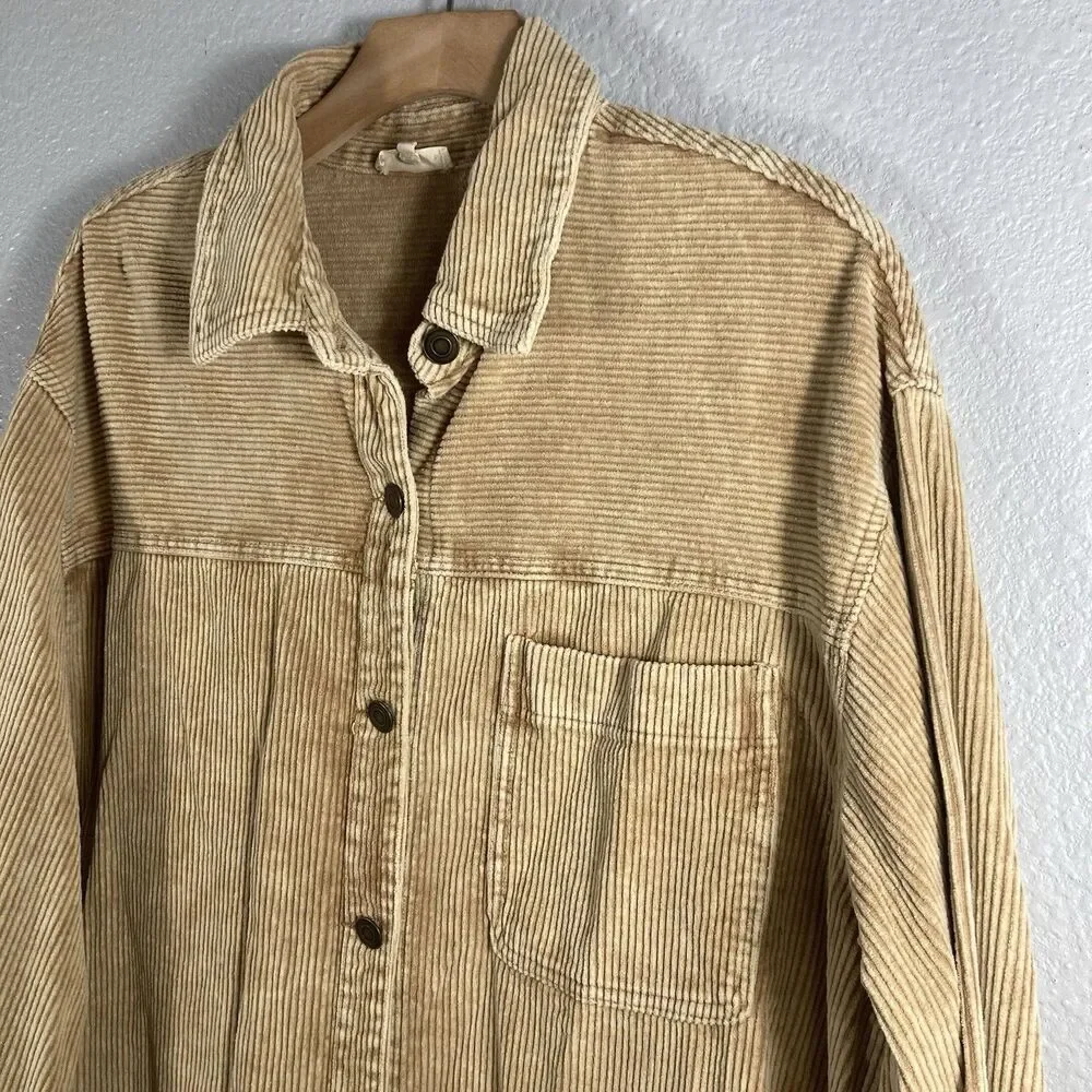 Oversized Corduroy Shacket L Shirt Raw Hem Tan Beige Cabincore Barn La Miel - Picture 5 of 7